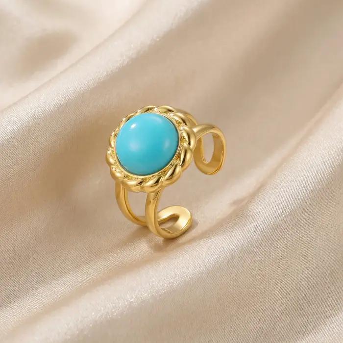 Bague Turquoise Vintage Fleur Plaqué Or Acier Inoxydable Ouverte pour Femme Bijou Tendance Inoxydabl