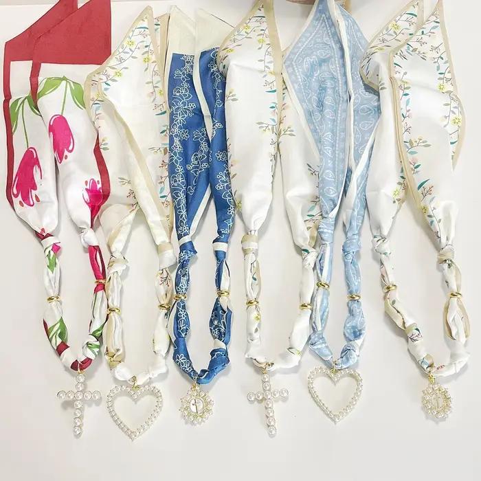 Collier à breloques écharpe-floral Beige et bleu avec perle blanche coeur croix Boho déclaration cadeau bijoux
