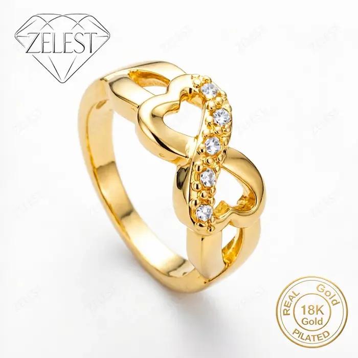 Argent sterling 925 plaqué or 18 carats # 8 exquises bagues en zircone à double cœur - Bijoux de mode pour femmes, cadeau de mariage ou de fête