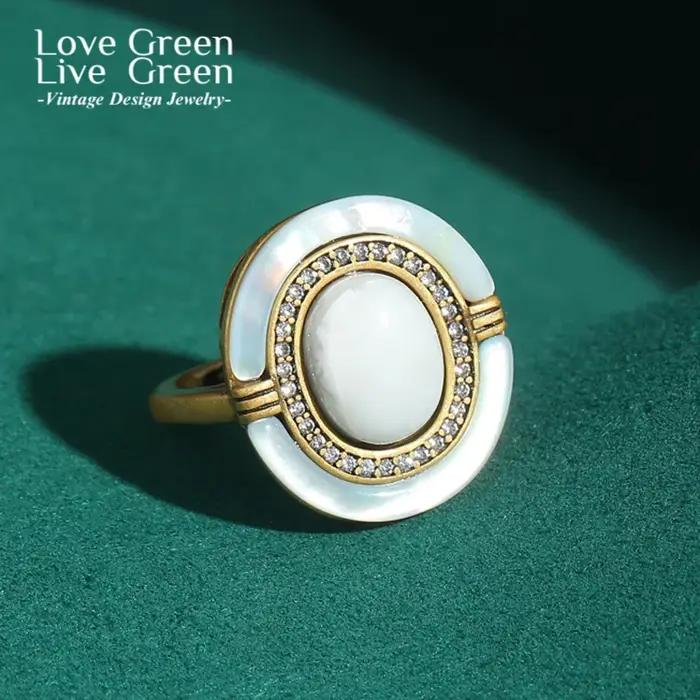 Bagues ovales de luxe vintage en pierre naturelle plaquées or 18 carats pour femmes, bagues de cocktail LOVE GREEN LIVE GREEN pour occasions spéciales et anniversaires