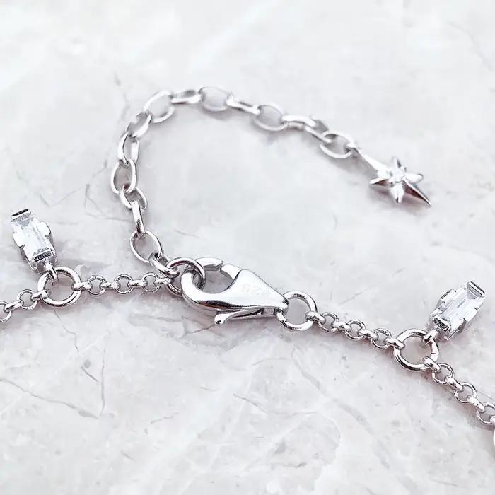 Bracelet chaîne et maillons en argent Sterling 925 pierres zirconium coupe baguette pour femme