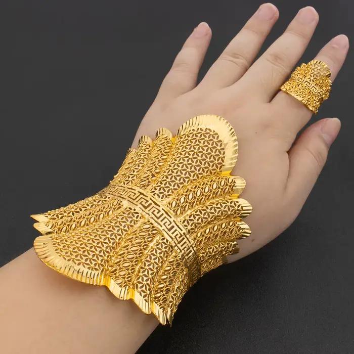 Ensemble de bijoux de luxe arabe plaqué or pour femmes, grand Bracelet en cuivre, Design de bague réglable, bijoux de mariage à la mode