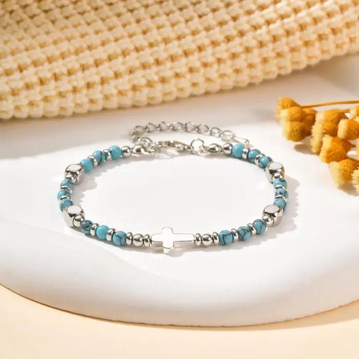 Bracelet religieux chrétien avec croix perlée pour femmes