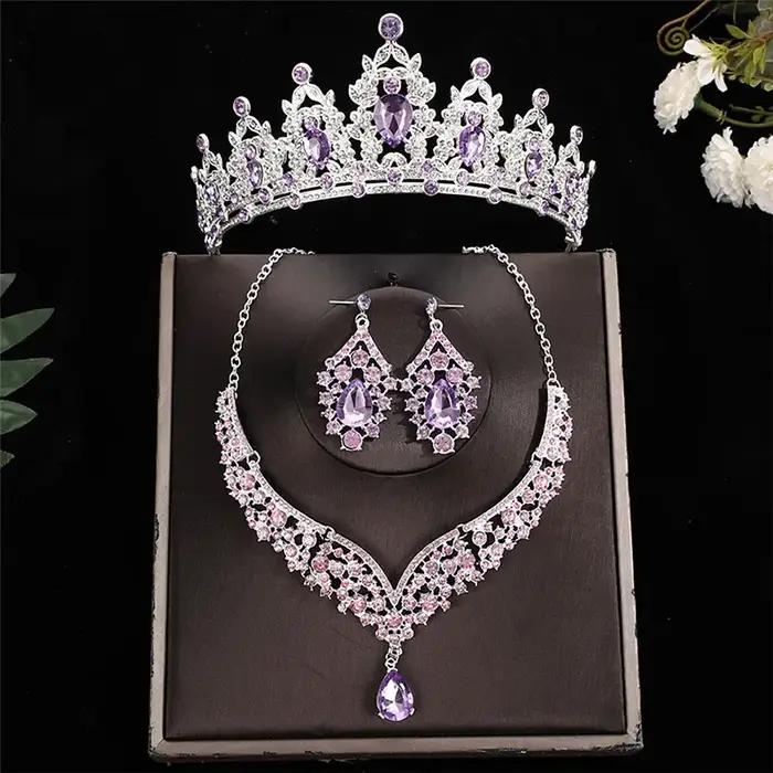 Ensemble de trois pièces collier de mariage princesse boucles doreilles couronne bijoux accessoire cheveux pour femme occasions spéciales