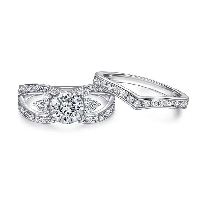 Vinregem 1.2 CT coupe ronde laboratoire créé saphir gemmes mariage bague de fiançailles ensembles 2 pièces 925 en argent Sterling bijoux fins en gros