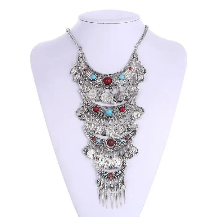 Collier multilaye vintage à la mode pour femmes, long, bohème, géométrique, plaqué argent antique et or antique pour les occasions spéciales