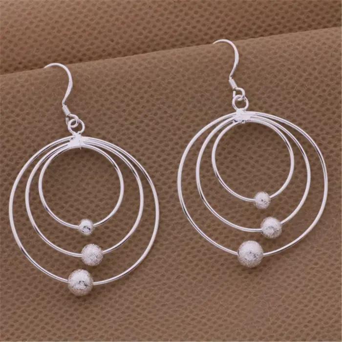 Boucles d'oreilles pendantes en argent Sterling 925 pur avec motif trois cercles et perles élégantes pour femme cadeau mariage fête