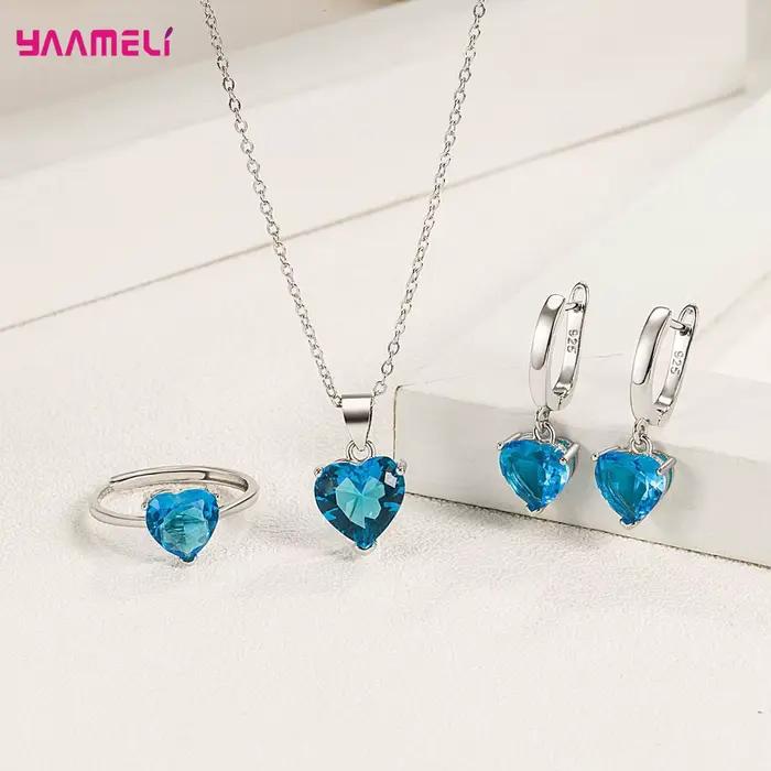 Ensemble de bijoux fin en argent Sterling 925 avec zirconium blanc et cristal pour femmes pour occasions d'engagement romantique
