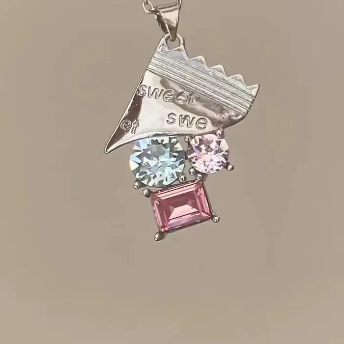 ANENJERY – collier avec pendentif en Zircon rose et bleu pour femmes, chaîne de clavicule, Design de luxe délicat et doux, bijoux cadeaux, vente en gros