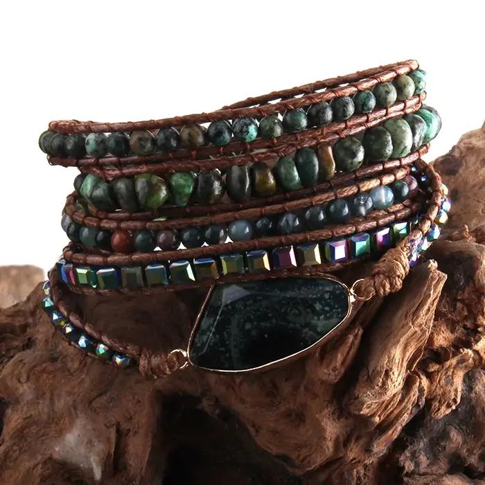 RH mode Boho Bracelet africain Turqu pierres naturelles herbe vert charme 5 brins tissé Bracelets d'enveloppement cadeau livraison directe