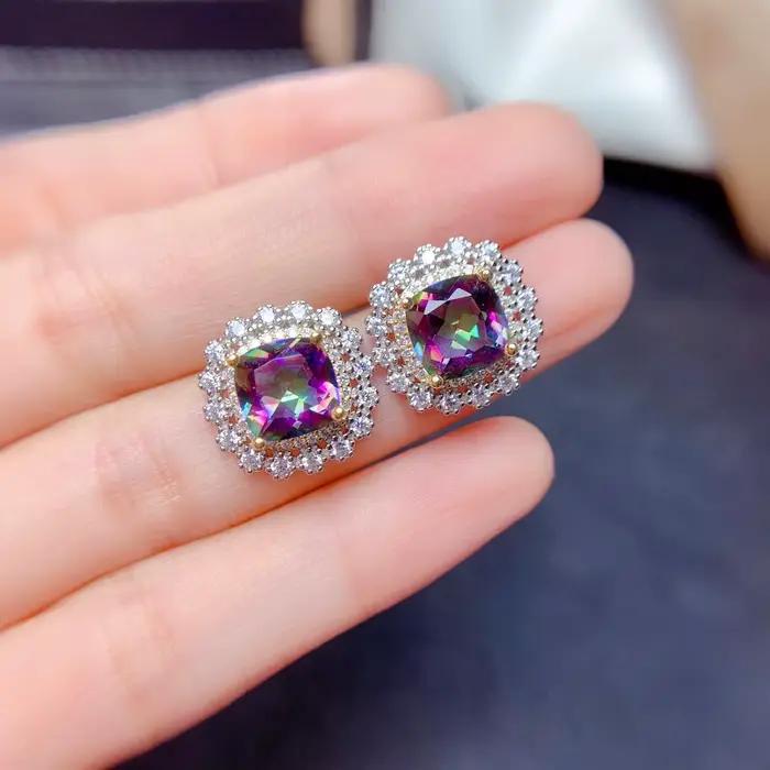 Ensemble de bijoux à breloques en cristal bleu pour femme, boucle d'oreille en pierre, collier, pendentif, bague, 7 couleurs, violet, argent, document