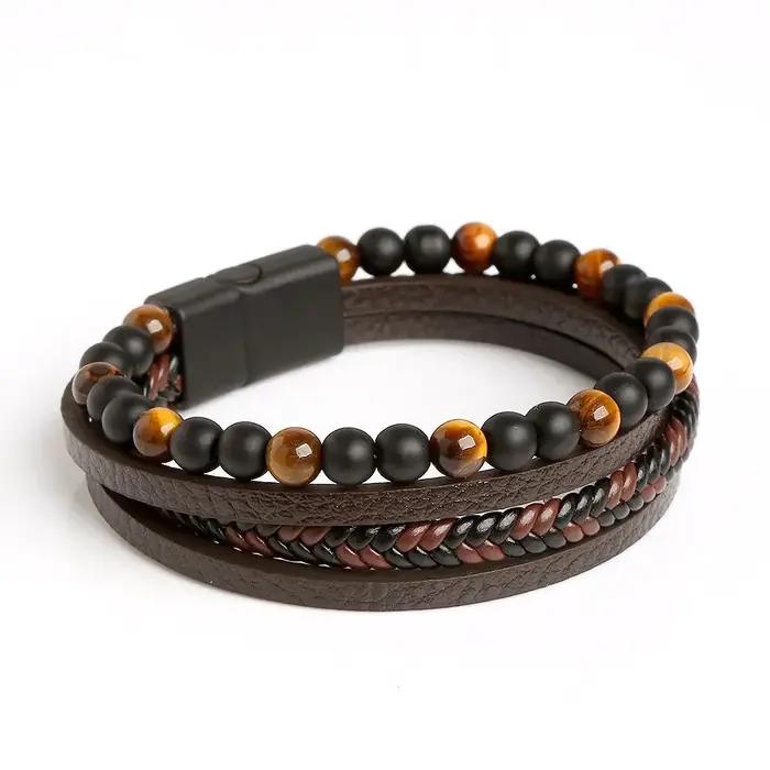 Bracelet en cuir classique oeil de tigre perlé multicolore pour hommes occasions spéciales cadeau