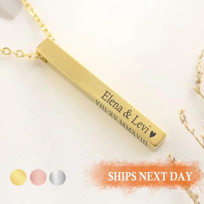 Collier de coordonnées de barre verticale personnalisé, bijoux gravés faits à la main, cadeau de col
