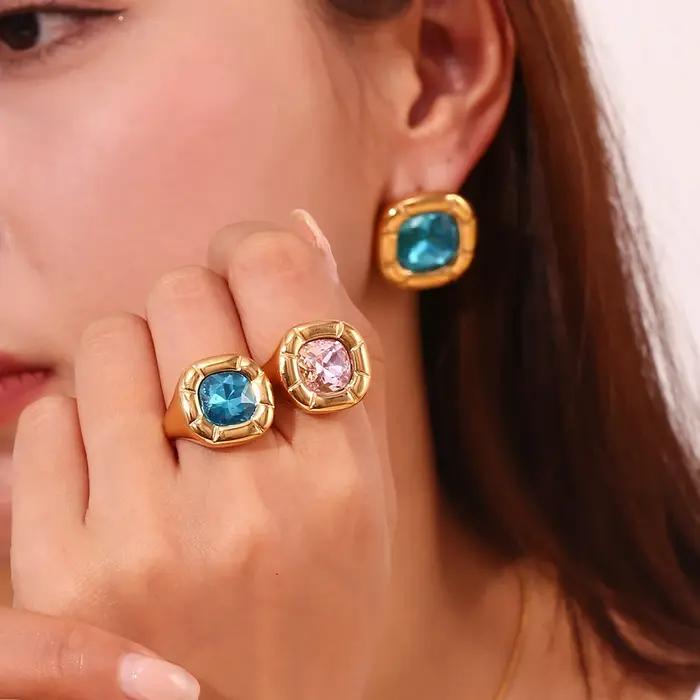E.B.belle élégant arrondi carré Zircon fleur anneaux plaqué or bague en acier inoxydable femme quotidien étanche bijoux cadeau femmes
