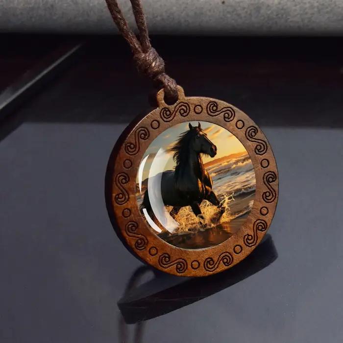 Colliers cheval blanc marron cheval galopant dôme en verre Vintage pendentif en bois corde chaînes c
