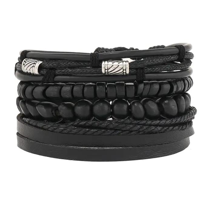 Bracelet en cuir de vache avec perles de bois et alliage style vintage ajustable pour homme