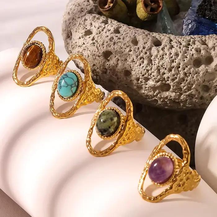 Loe | Bague Ouverte en Pierre Naturelle pour Femme Bijoux à la main en acier inoxydable, breloques Réglable. Nouveau