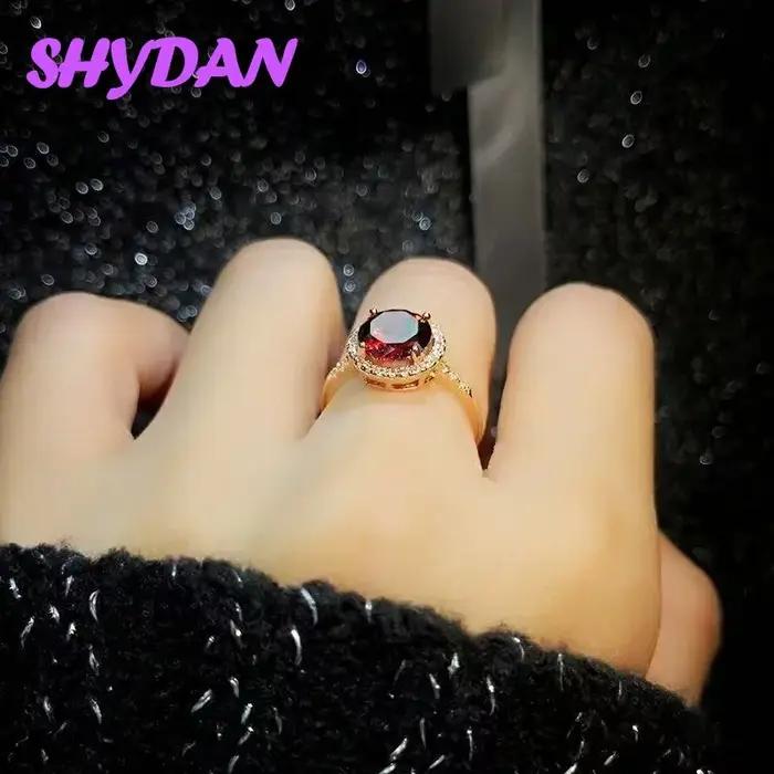 Bague SHYDAN en argent sterling 925 et or 18 carats sertie de zircon rouge grenat rond pour femmes occasions festives élégantes soirée mariage