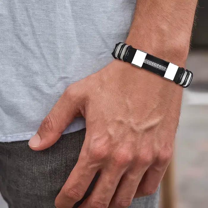 Vnox - Bracelet en acier inoxydable, bracelet pour homme, bracelet punk à maillons en silicone rainuré noir, bracelet punk élégant et décontracté