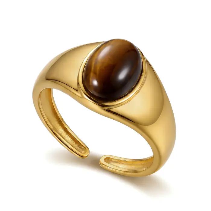 Bague Chevalière Œil de Tigre Style Maillard pour Femme, Réglable, Plaqué Or, Revêtement PVD, Acier