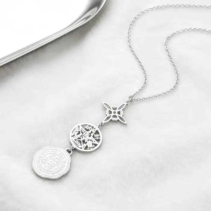 Collier triple protection avec symboles mystiques en acier inoxydable pour homme et femme occasions spéciales et protection spirituelle