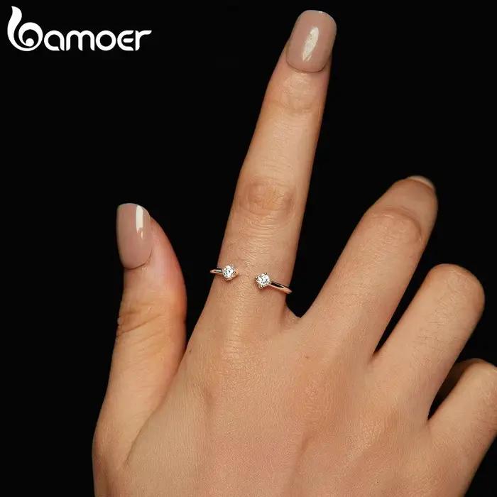 BAMOER Moissanite plaqué or blanc bague réglable en argent Sterling 925 empilable 4 griffes anneau ouvert pour les femmes cadeau minimaliste