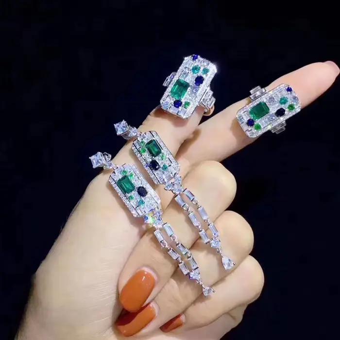 Ensembles de bijoux en émeraude de simulation plaqués platine pour femmes, ArtDeco esthétique, boucles d'oreilles édouardes, matiques ChimDangle, PT950, 2022 Nouveau