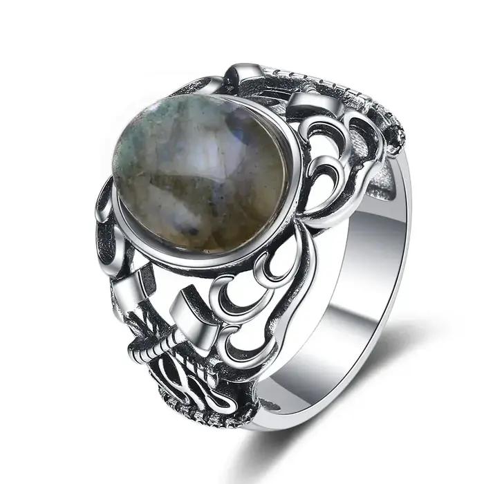 Bague vintage en lapis-lazuli plaquée argent 925 avec pierre semi-précieuse pour homme et femme, style bohème gothique, alliance de mariage, bijou de cocktail pour cérémonies et occasions spéciales