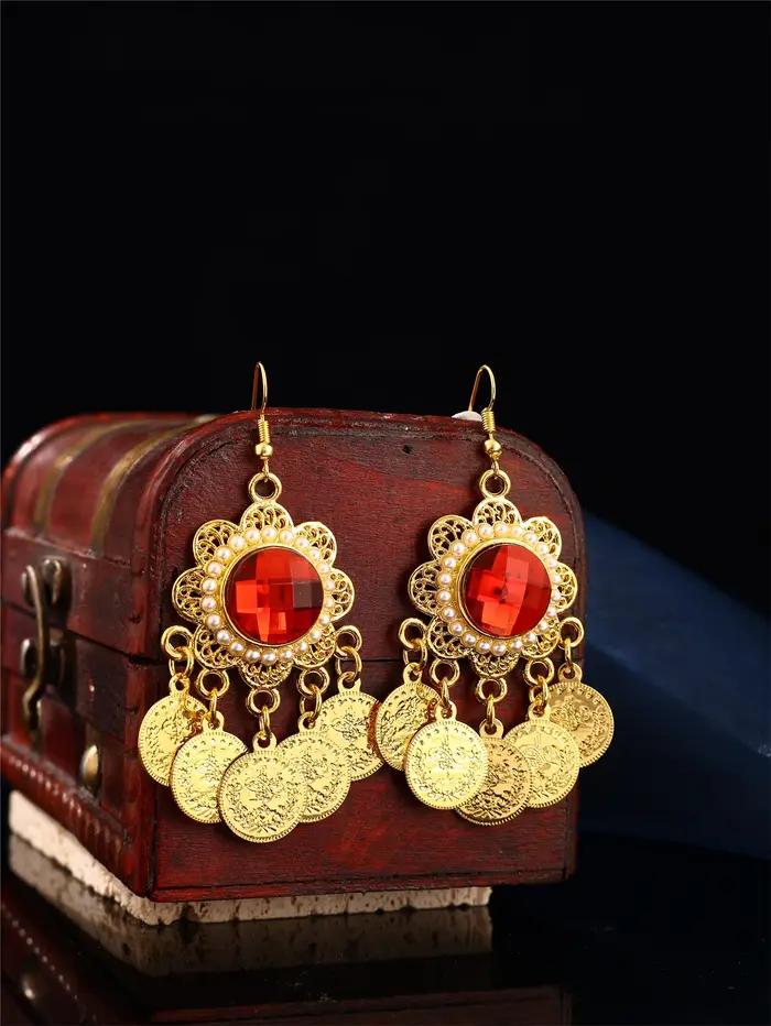 Boucles d'oreilles luxueuses en alliage de zinc bronze avec pierres précieuses artificielles et pendentifs forme pièce de monnaie pour femme arabes occasions spéciales