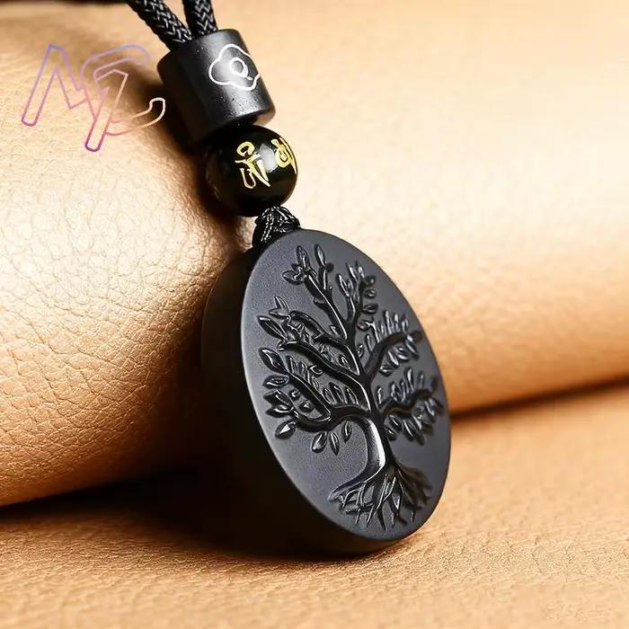 Collier pendentif arbre de vie en obsidienne véritable sculpté, cadeaux Vintage pour femmes, pierres précieuses naturelles, bijoux de charme de créateur de mode