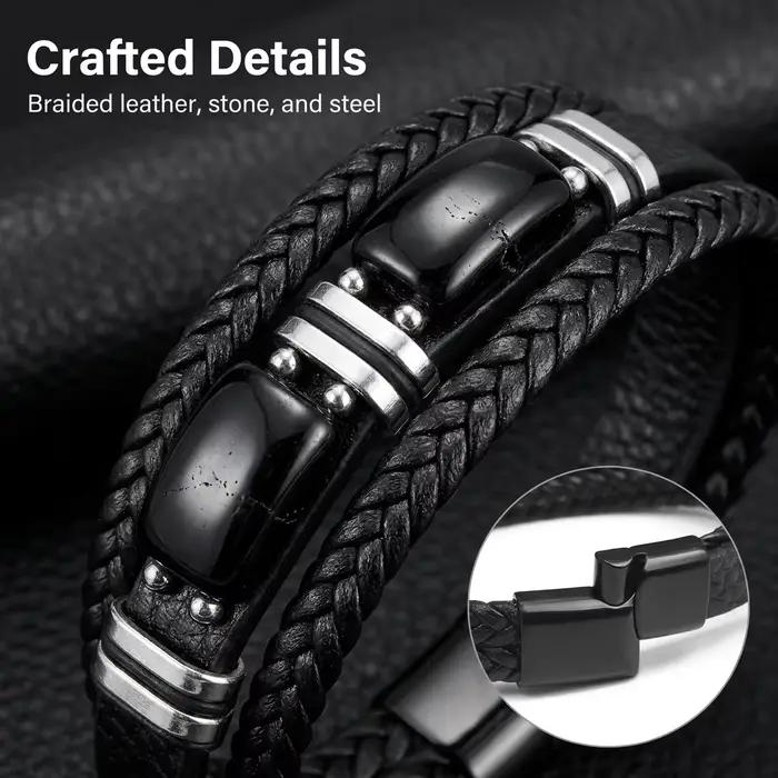 Bracelet à breloques classique pour hommes, pierre naturelle, œil de tigre, obsidienne, boucle magnétique, en cuir, bijoux cadeau pour hommes