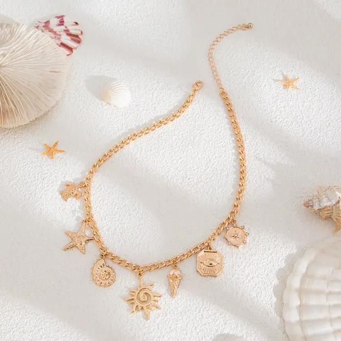 Salircon soleil étoile de mer pétoncle pendentif collier pour femmes Vintage conque été plage vacances couleur or chaîne bijoux cadeau