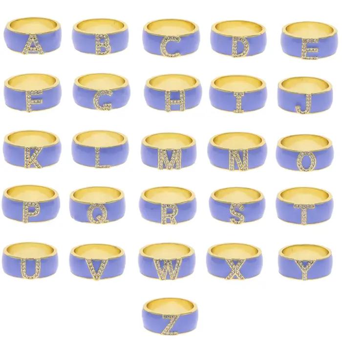 Rose Bleu Émail 26 Alphabet Lettre Bande Anneau Pour Les Femmes Initiales A-Z Lettre Émail Coloré CZ Anneaux Bijoux De Fiançailles