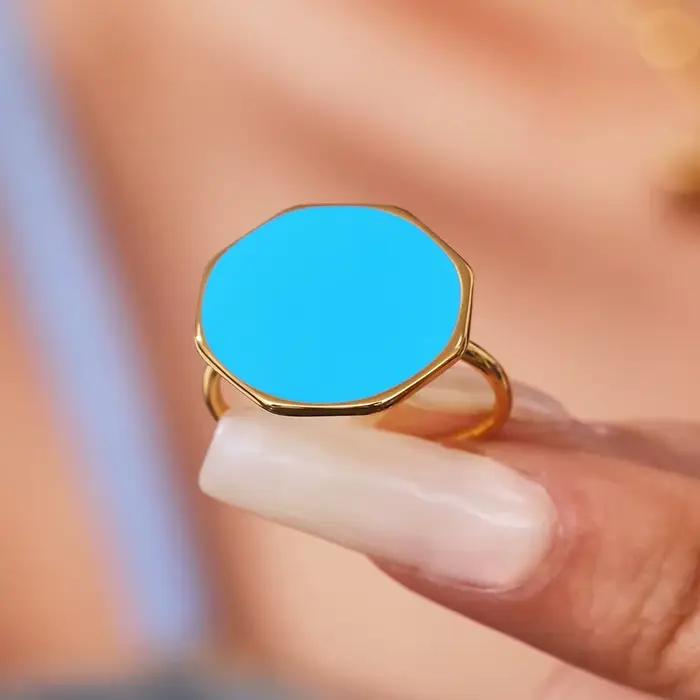Bague ronde en émail noir blanc et bleu pour femmes, Style gothique, bague en acier inoxydable plaqué or 18 carats, bijoux à la mode