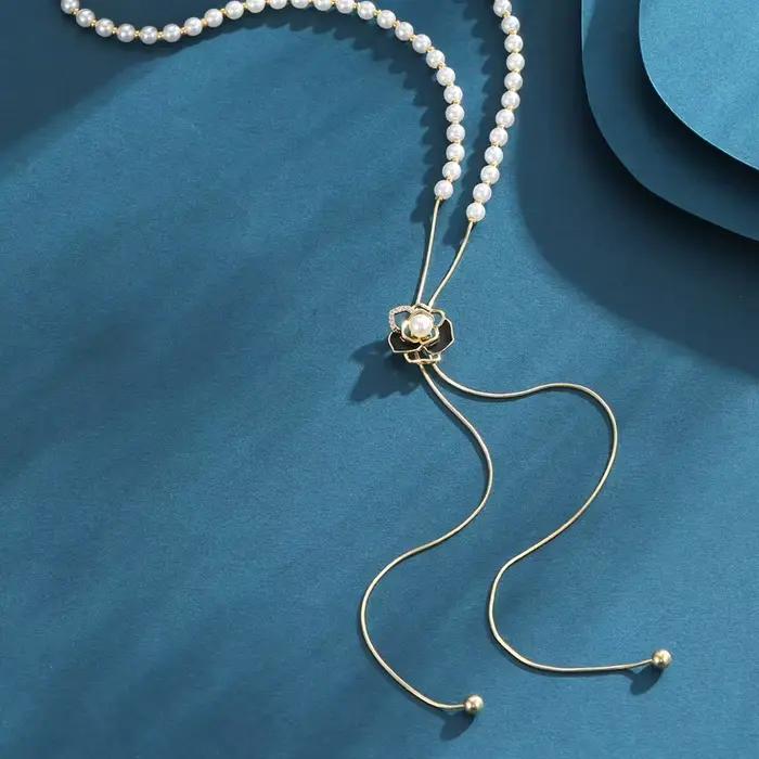 Chaîne de pull Rose en cuivre pour femmes, Imitation de perles, mode, Long collier polyvalent, bijou
