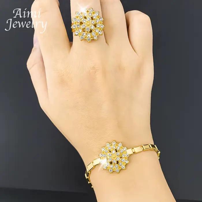 Ensemble de bijoux de luxe plaqué or avec strass brillants pour femmes, collier, boucle d'oreille, Bracelet, bague, bijoux en zircone, cadeaux de fête de mariage