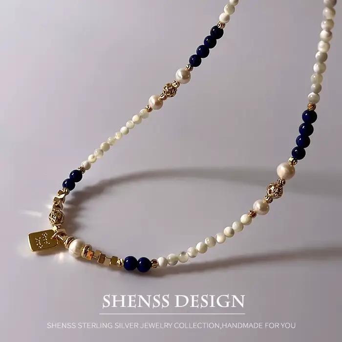 Collier pendentif en cuivre plaqué or 14 carats, perle d'eau douce naturelle, coquillage, pierre naturelle