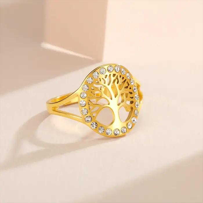 Skyrim arbre de vie clair Zircon rond anneau en acier inoxydable couleur or réglable femmes bagues amulette bijoux en gros