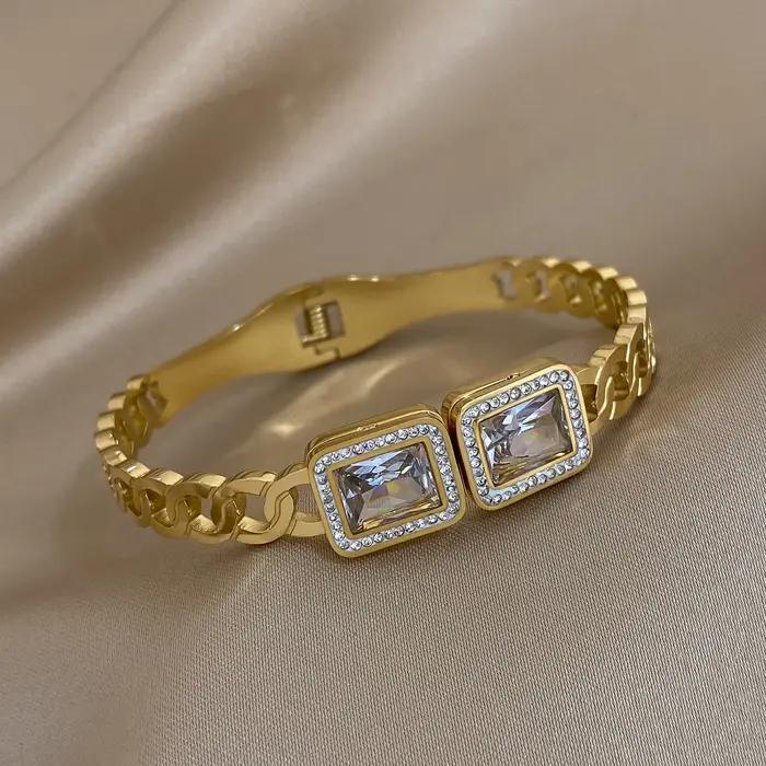 DODOHAO grand carré cristal à la mode élégant Zircon Bracelet en acier inoxydable couleur or argent luxe haut de gamme