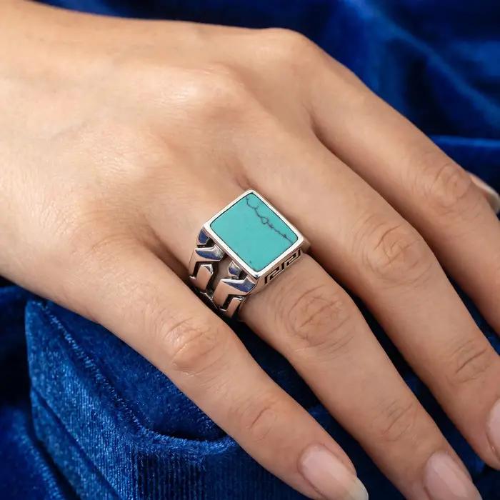 Bague signet turquoise pour homme en argent sterling 925