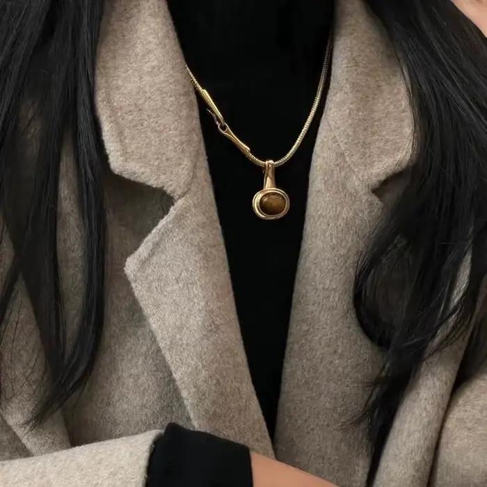 Collier en pierre d'oeil de tigre cuivre plaqué noir pour femmes style Y2K bijou tracker humeur occassions spéciales et quotidiennes