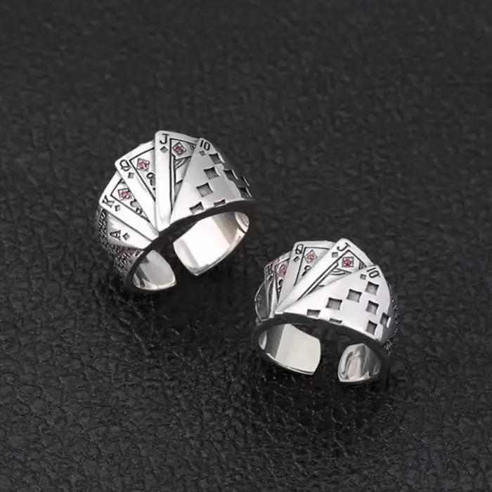 Bague de poker rétro Royal Flush pour hommes punk gothique rock hip hop annelé ouvert bijou de créateur unisexe artisanal occasion party
