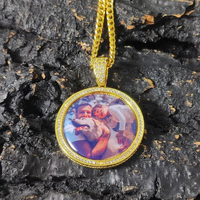 Collier photo personnalisé unisexe avec pendentif rond en zircone cubique pour homme et femme occasions spéciales hip hop rock