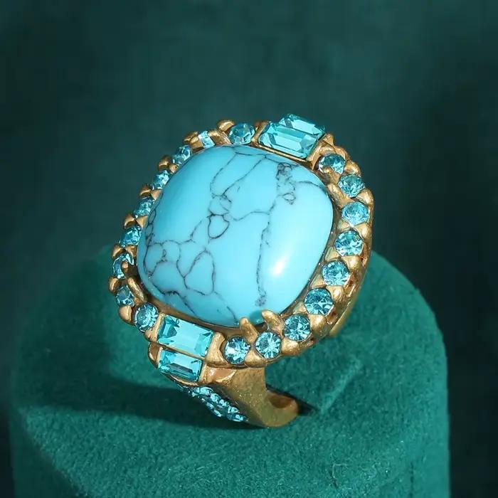 Bague Turquoise Art Déco vintage | Plaqué or 18 carats et cuivre | Conception de pierre sertie d