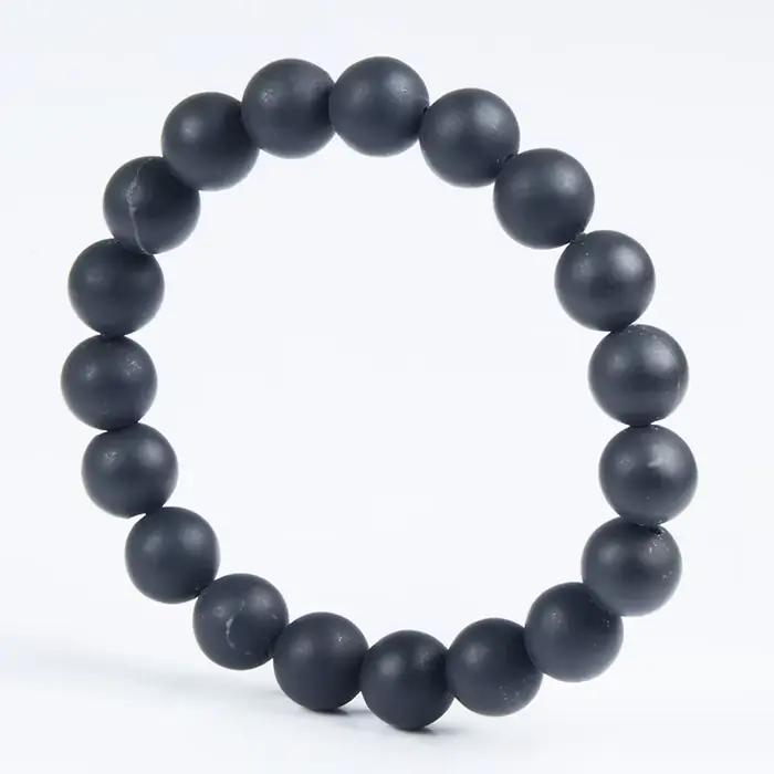 Bracelet à breloques en pierre naturelle Bian pour homme, véritable pierre plate ronde noire Biankr,