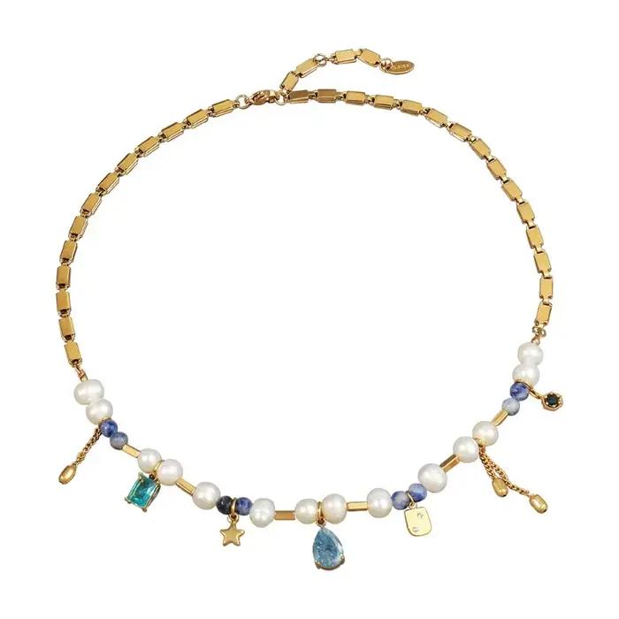Collier français vintage style cour, perle d'eau douce, acier inoxydable, chaîne de clavicule de lux