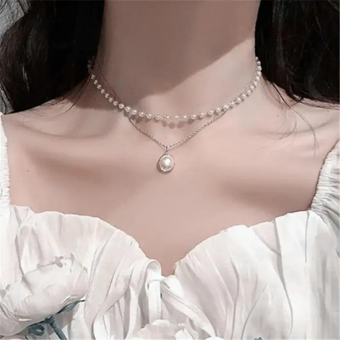 Collier de perles coréennes semi-rondes élégant avec chaîne en maillons pour femmes occasions spéciales bohème