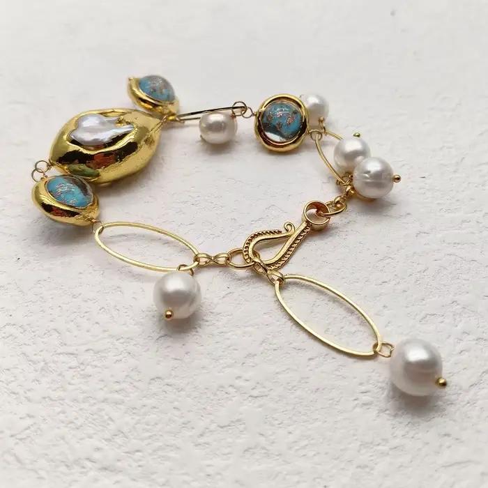 Bracelet en perle de culture d'eau douce verre de Murano bleu nacre de coquille pour femmes élégantes occasions spéciales