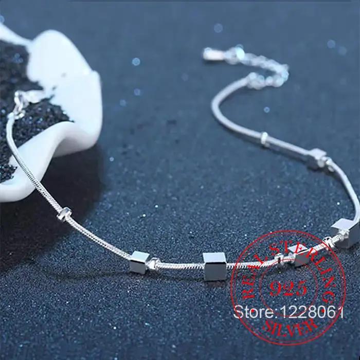 Bracelet de cheville en perles carrées en argent Sterling 925 pour femmes, bijoux de fête de mariage