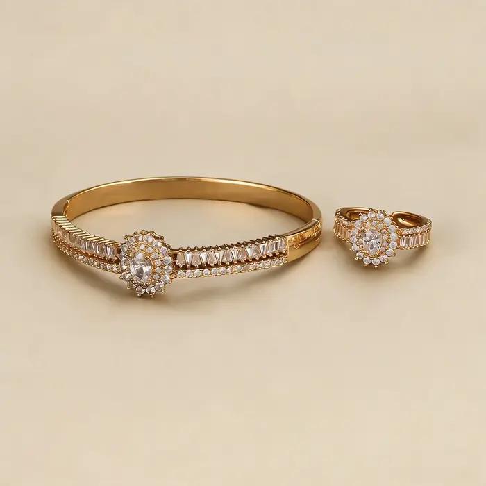 Ensemble de Bijoux Plaqués d'Or 18 Carats avec Bracelet et Bague en Cristal Tournesol Accent Baguette Occasion Spéciale Pour Femme